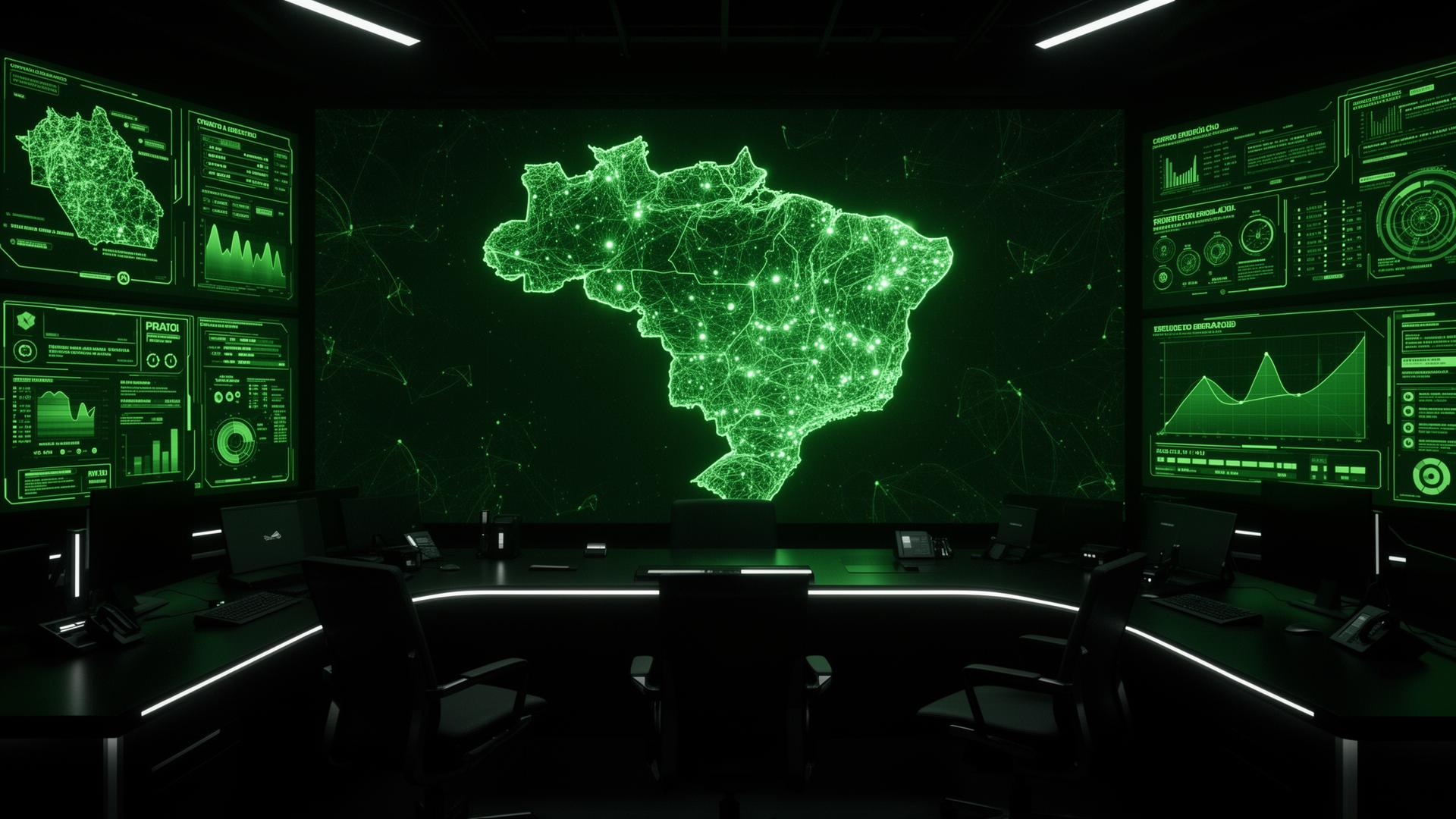 War room de campanha política com mapa do Brasil em IA
